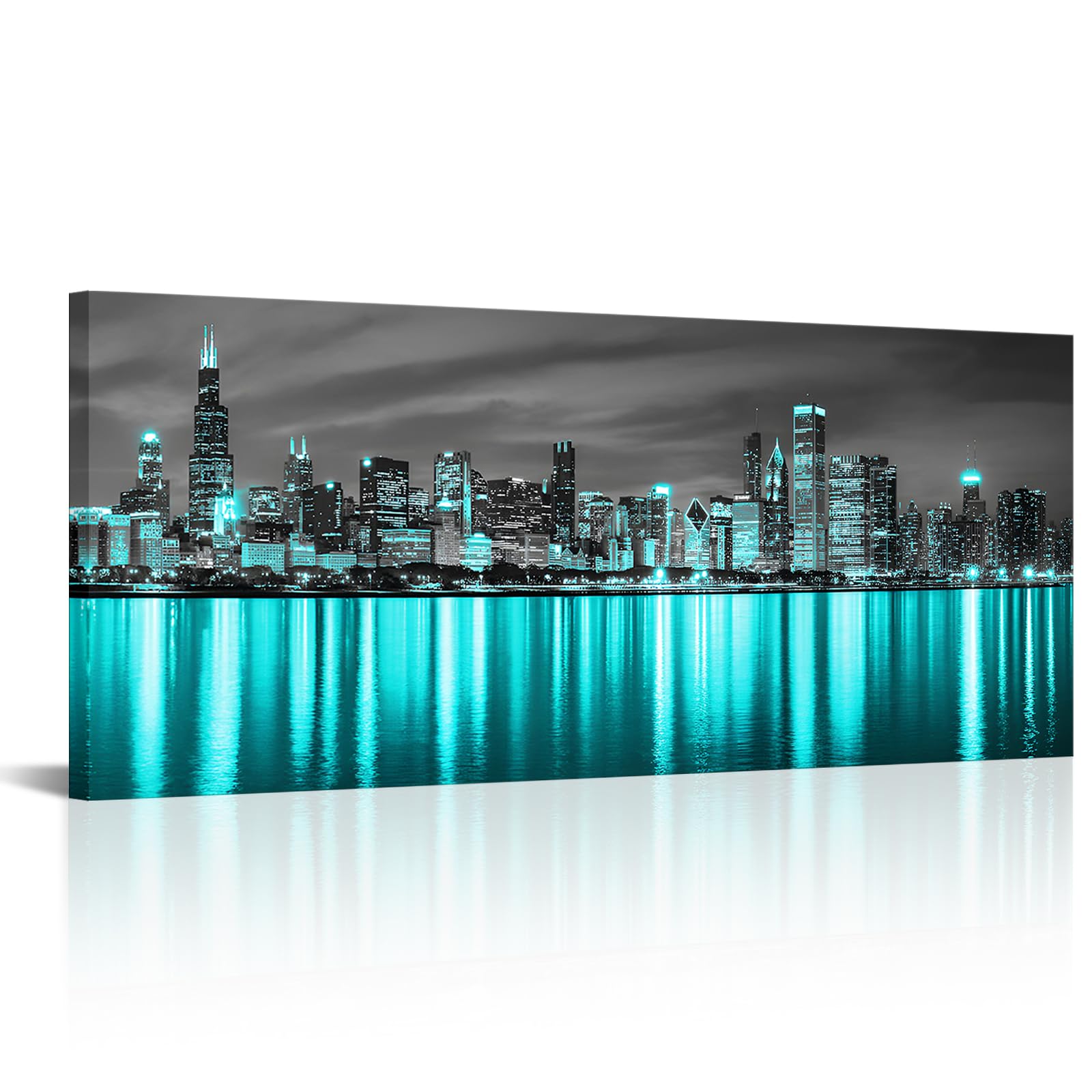 Amazon.com: KLVOS Teal Blue Cityscape Wall Art Chicago City